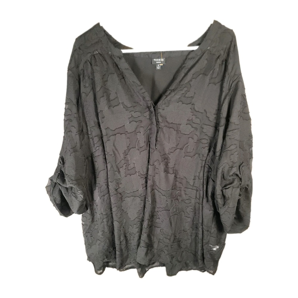 Torrid Harper Blouse Womens 6 6X Black Jacquard Clip Dot Floral Tunic Top Shirt
